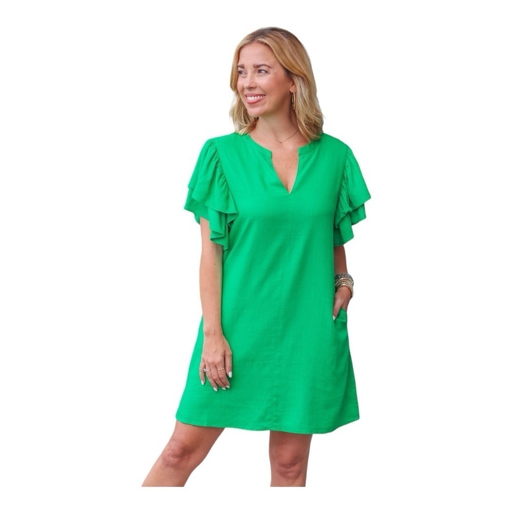 Anna Cate V-Neck Shift Dress Small Green Tiered Ruffled Sleeve Knee Length Tunic